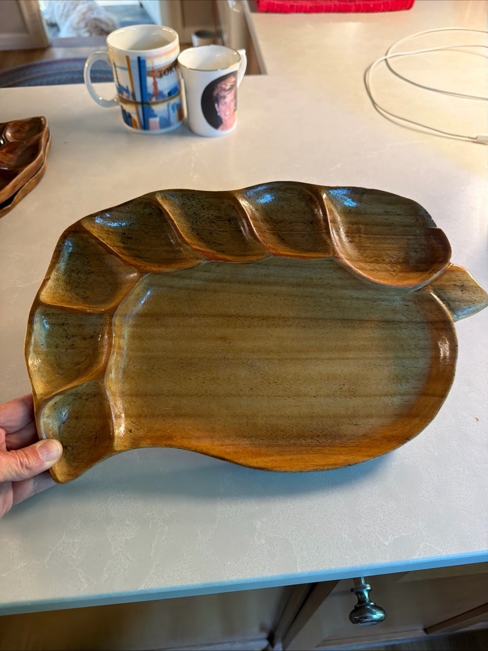 Mid Century MCM Vintage Monkey Pod Wood Serving Tray Divided Dish Bowl Leaf